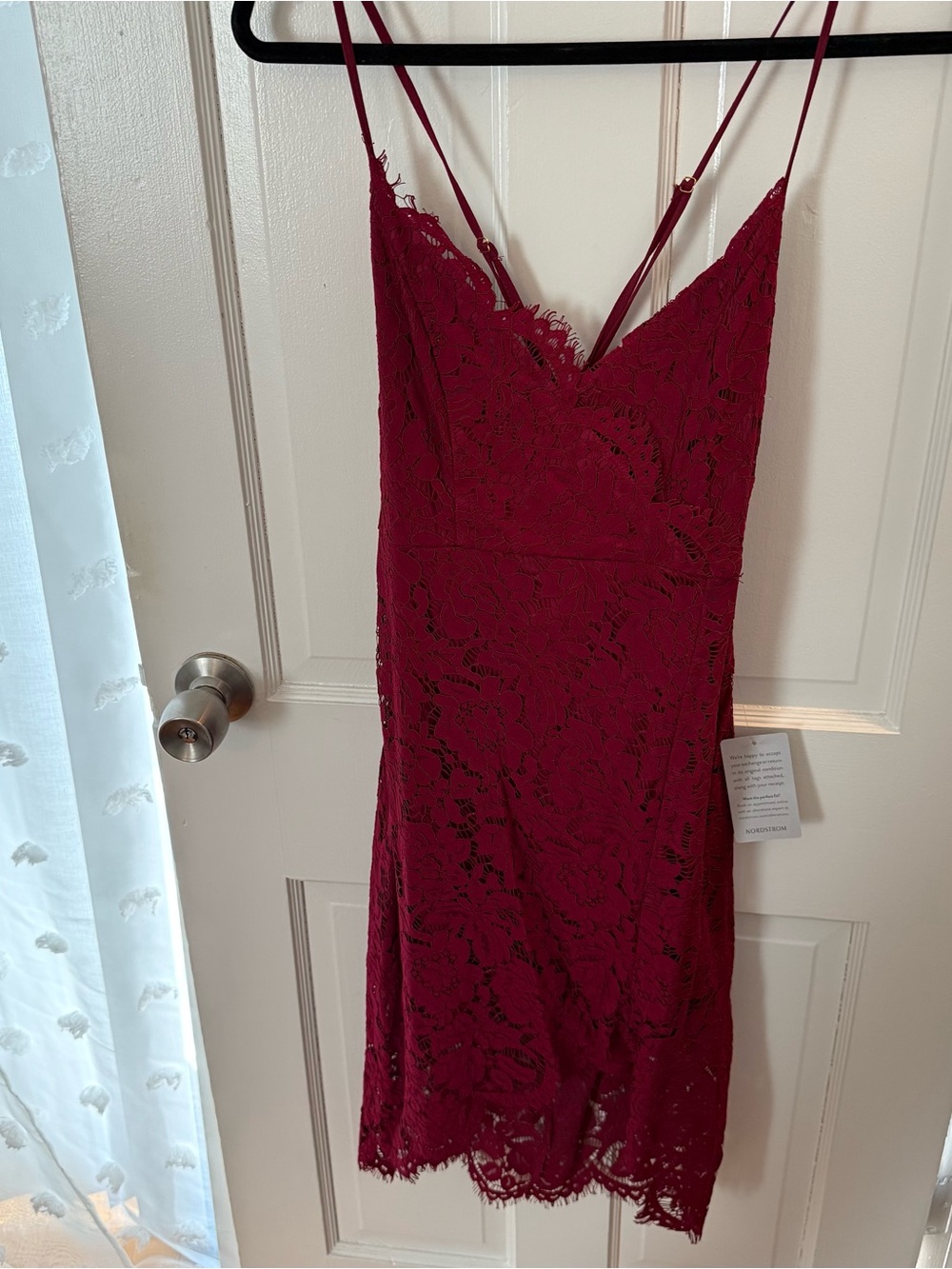Lulu's Burgundy Lace Mini Dress with Spaghetti Straps